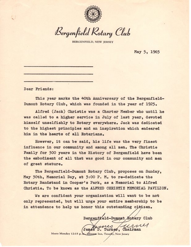 Alfred Christie Memorial Dedication letter from the Bergenfield Rotary Club Cooper s Park May 30 1965.jpg