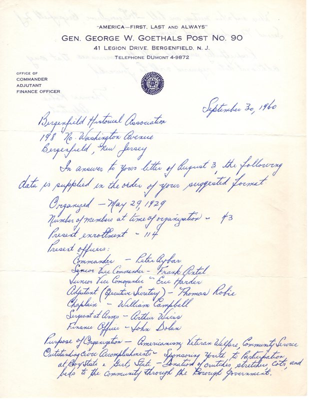 General Geo W Goethals Unit No 90 American Legion Auxiliary history typewritten Sept 30 1960 1.jpg
