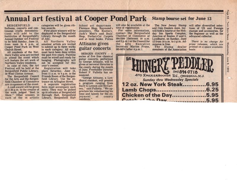 Annual Art Festival at Cooper Pond Park newspaper clipping Twin Boro News June 9 1982.jpg