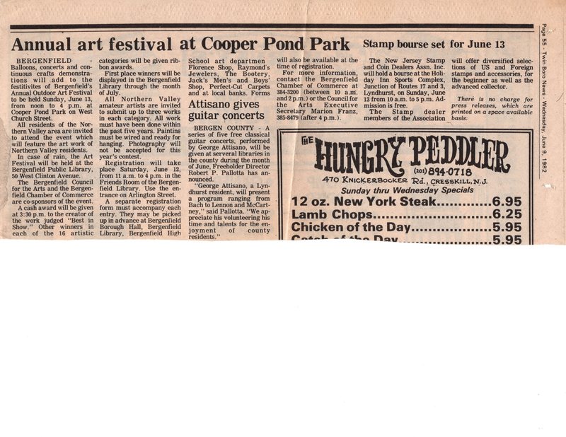 Annual Art Festival at Cooper Pond Park newspaper clipping Twin Boro News June 9 1982.jpg