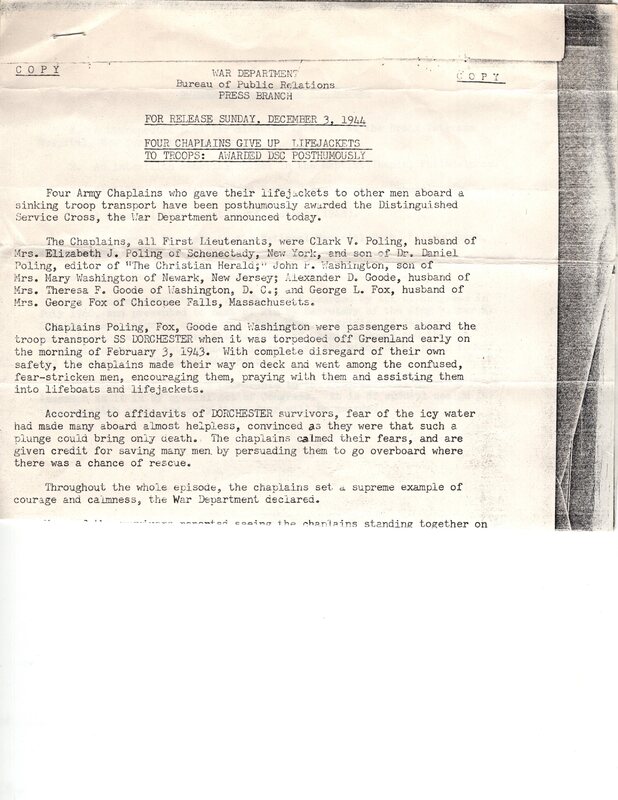 Four Chaplains Give Up Lifejackets to Troops Awarded DSC Posthumously copy of War Department press release Dec 3 1944 1.jpg