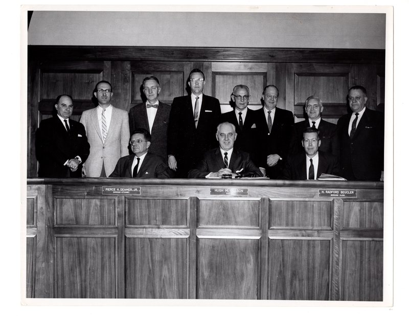 1 black and white photograph 8x10 mayor and council pictured Mayor Hugh M Gillson Pierce H Deamer H Radford Beucler and eight unidentified subjected January 1961 2 of 2.jpg