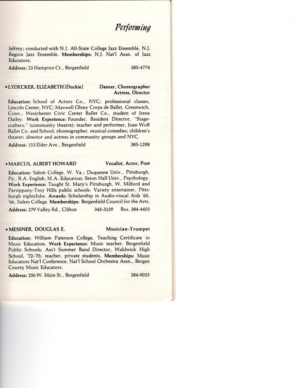 “Artists in Residence” booklet listing of performing, visual, crafts and literary artists in Bergenfield, 1977 P8.jpg