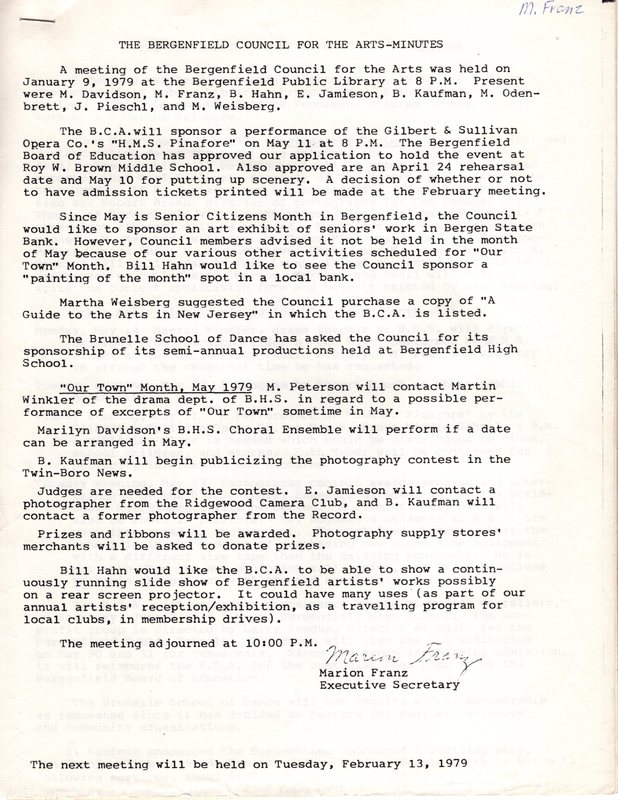 Bergenfield Council for the Arts minutes January 9 1979 P1.jpg