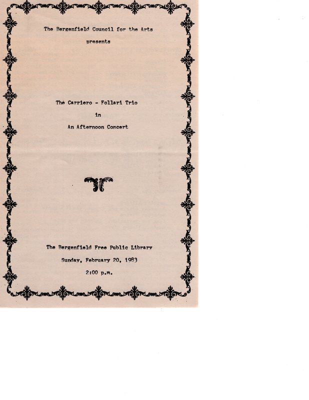 Program for the Carriero Follari Trio Concert at the Bergenfield Public Library February 20 1983 Page 1.jpg