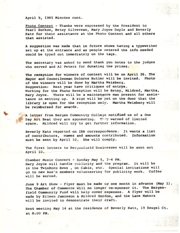 Bergenfield Council for the Arts minutes April 9 1985 P2.jpg