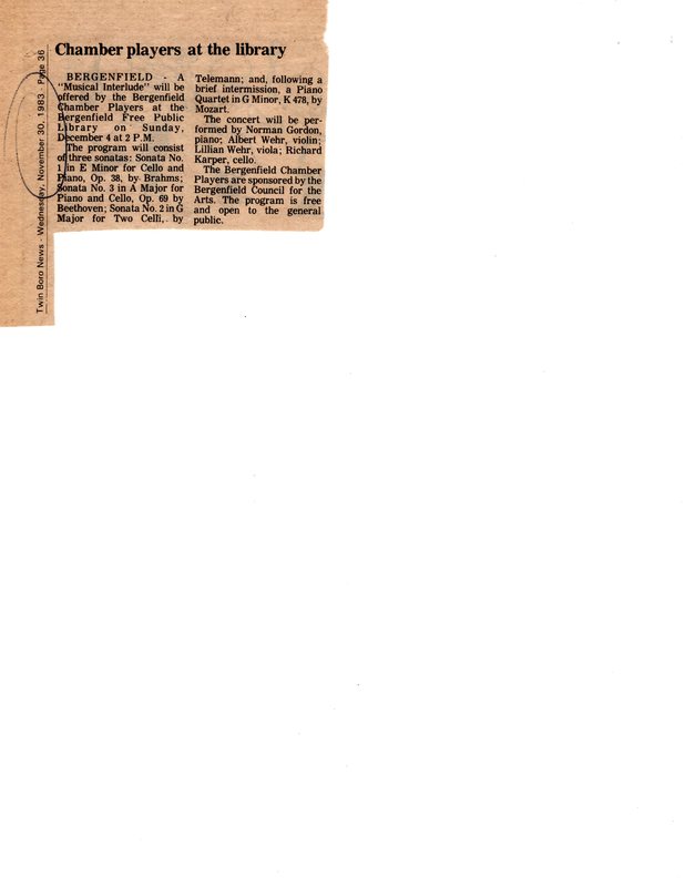 Chamber Players at the Library newspaper clipping Twin Boro News November 30 1983.jpg