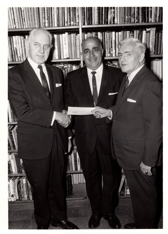 1 black and white photograph 5 x 7 presentation of check by Unico for Blood Bank of Bergenfield Hugh M Gillson James Potente Harold E Boyd  Nov 1967.jpg