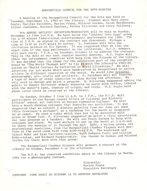 Bergenfield Council for the Arts minutes September 13 1983.jpg