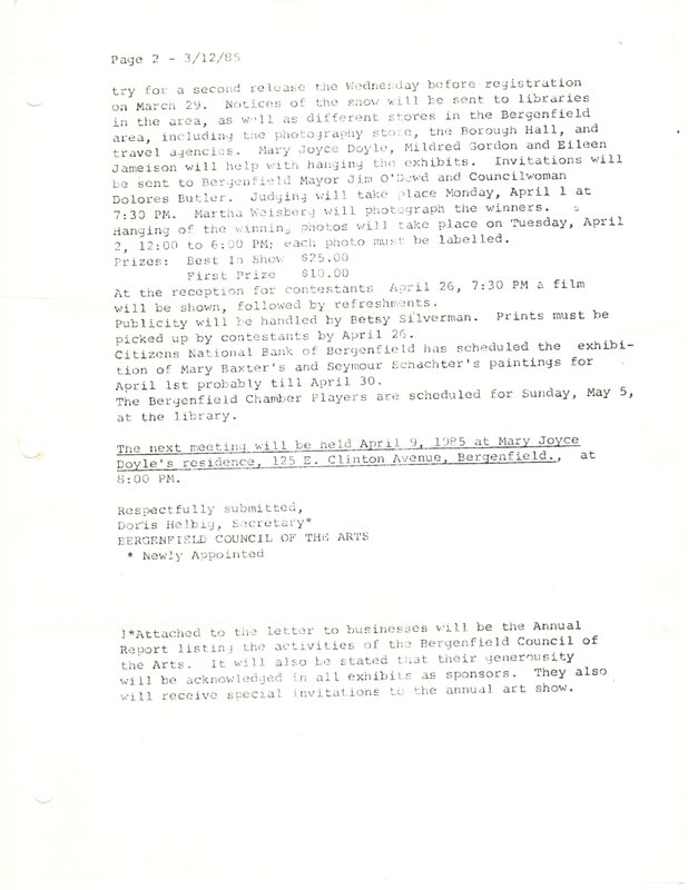 Bergenfield Council for the Arts minutes March 12 1985 P2.jpg