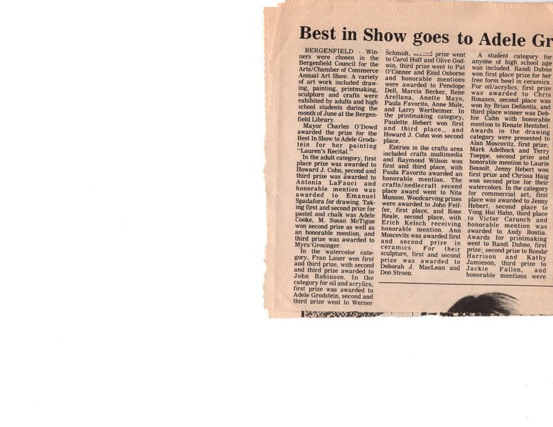 Best in Show Goes to Adele Grodstein newspaper clipping Twin Boro News July 4 1984 P1 top.jpg