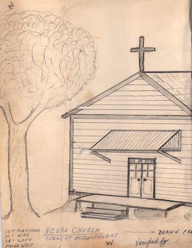 1 schematic 12 x 17 titled Negro Church Cedar St. Bergenfield NJ drawn from memory by Fred Tuers June 9 1969. Handwritten notes and hand drawn map on back 1 .jpg