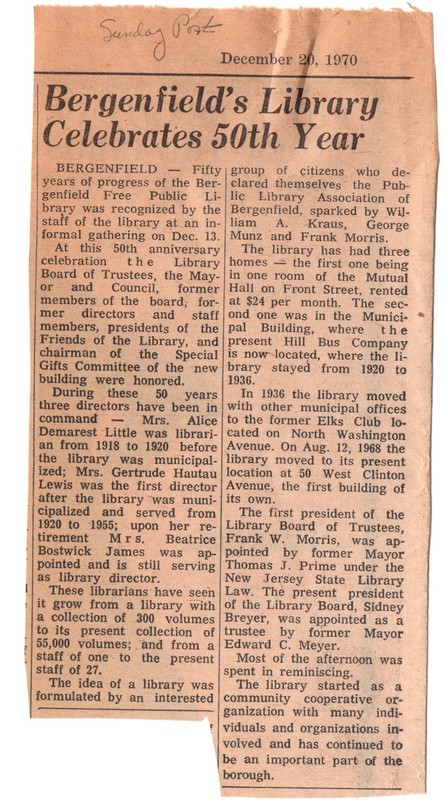 Newspaper Clip Bergenfield's Library Celebrates 50th year December 20 1970.jpg