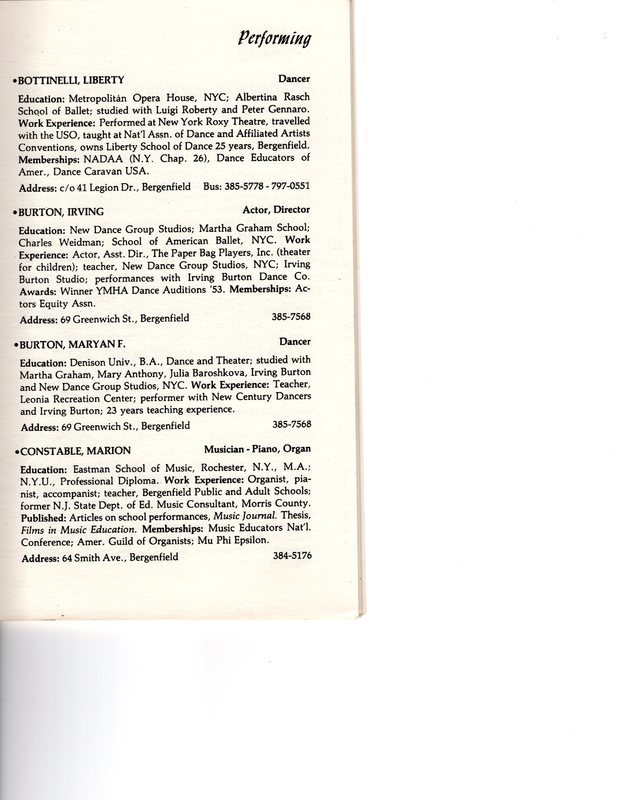 “Artists in Residence” booklet listing of performing, visual, crafts and literary artists in Bergenfield, 1977 P4.jpg