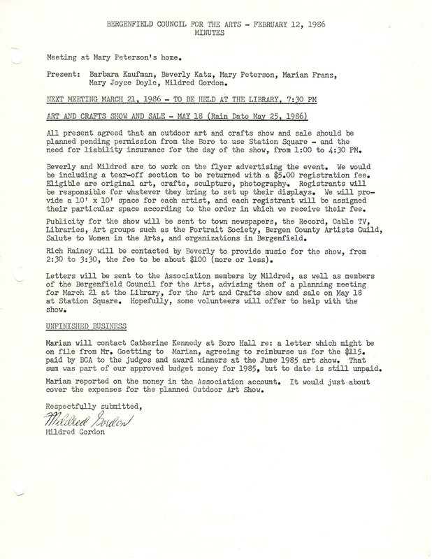 Bergenfield Council for the Arts minutes February 12 1986.jpg