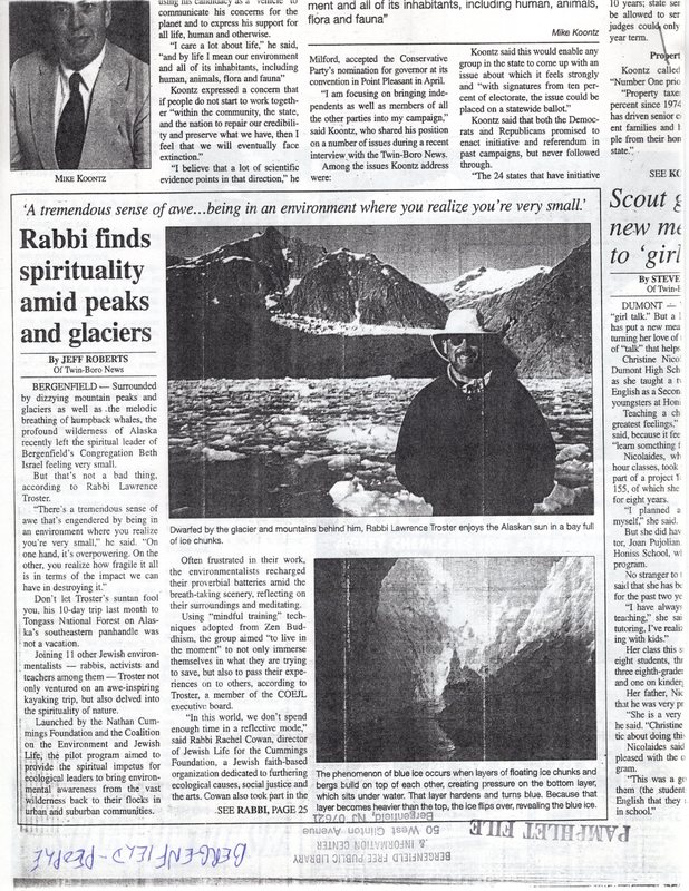 Troster Lawrence Rabbi Finds Spirituality Amid Peaks and Glaciers twin boro news Sept 28 2001 1.jpg