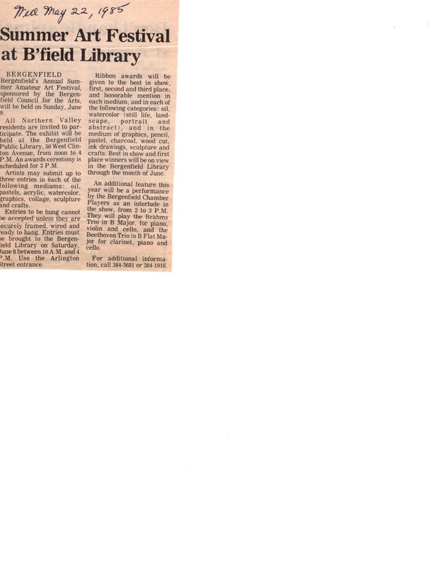 Summer Art Festival at Bfield Library newspaper clipping May 22 1985.jpg