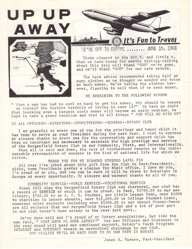 Bergenfield Rotary Club newsletter 1 page Its Fun to Travel June 10 1968.jpg