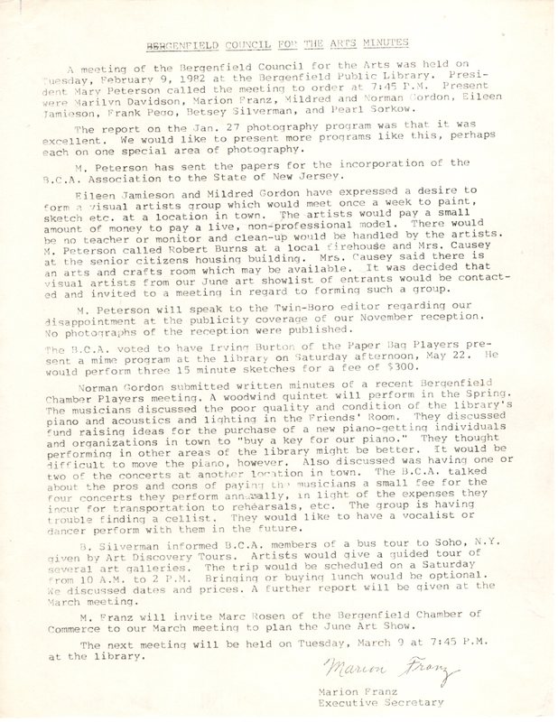 Bergenfield Council for the Arts minutes February 9 1982.jpg
