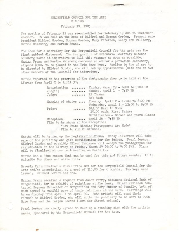 Bergenfield Council for the Arts minutes February 19 1985 P1.jpg
