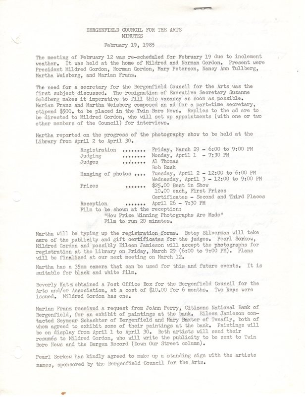 Bergenfield Council for the Arts minutes February 19 1985 P1.jpg