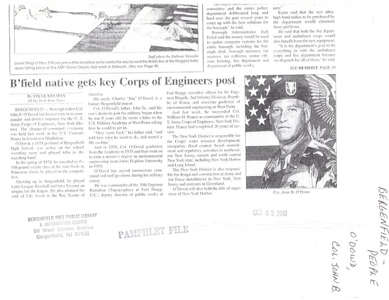 ODowd Colonel John B Bfield native gets key Corps of Engineers post twin boro news Oct 2 2001.jpg