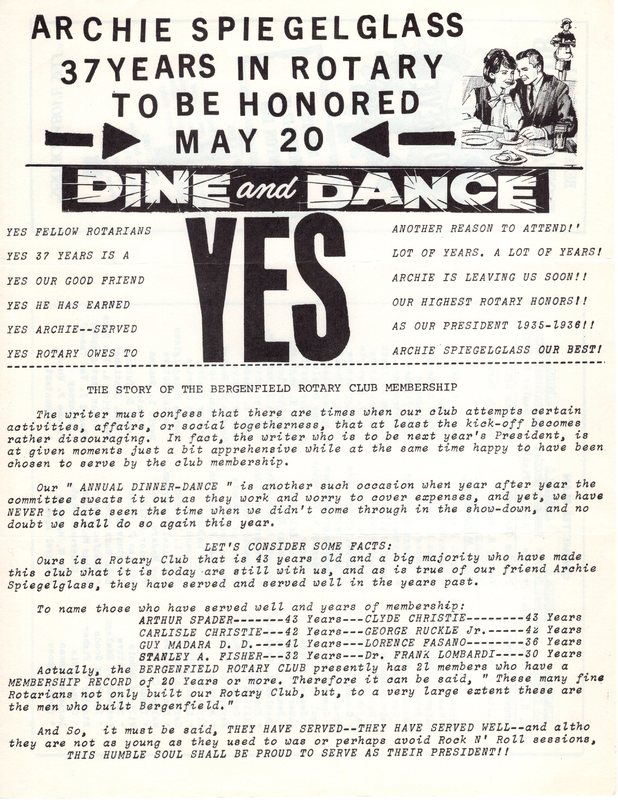 Rotary flier Dine and Dance to honor Archie Spiegelglass 37 years in the Rotary Undated.jpg