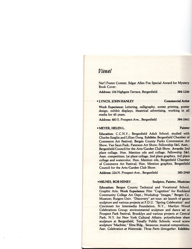 “Artists in Residence” booklet listing of performing, visual, crafts and literary artists in Bergenfield, 1977 P19.jpg