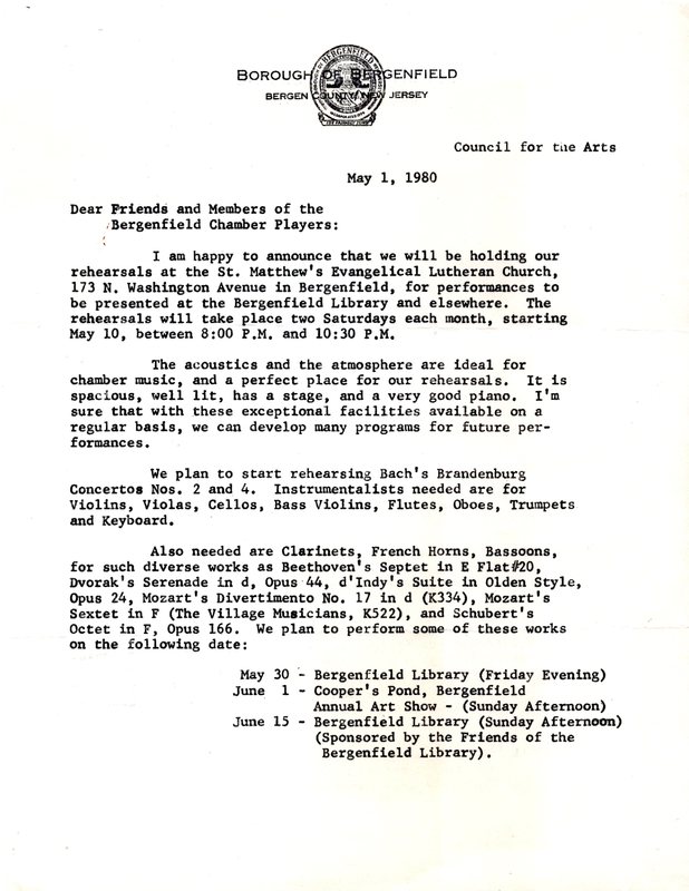 Letter from music director Norman H Gordon to Friends and Members of the Bergenfield Chamber Players May 1 1980 page 1.jpg