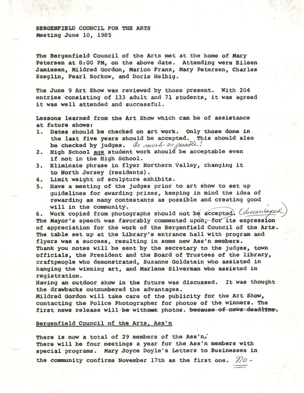 Bergenfield Council for the Arts minutes June 10 1985 P1.jpg