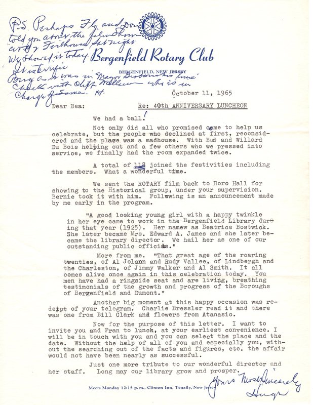 Correspondence between Hugh and Bea James regarding 40th anniversary luncheon October 11 1965.jpg