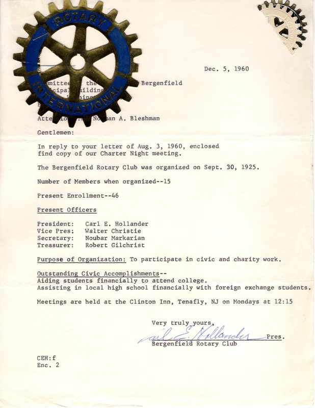 Memo from Rotary Club to Committee of the History of Bergenfield on date of organization enrollment meeting time and list of officers with rotary decal Dec 5 1960 1.jpg