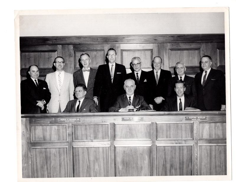 1 black and white photograph 8x10 mayor and council pictured Mayor Hugh M Gillson Pierce H Deamer H Radford Beucler and eight unidentified subjected January 1961 1 of 2.jpg