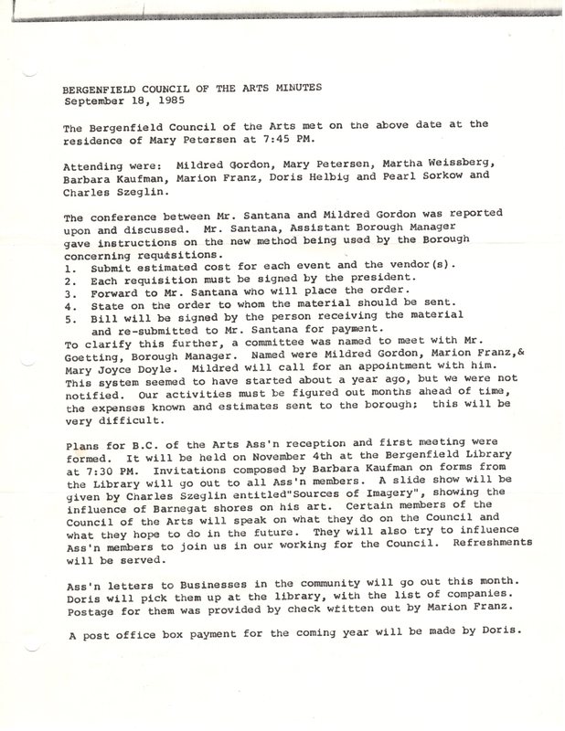 Bergenfield Council for the Arts minutes September 18 1985 P1.jpg