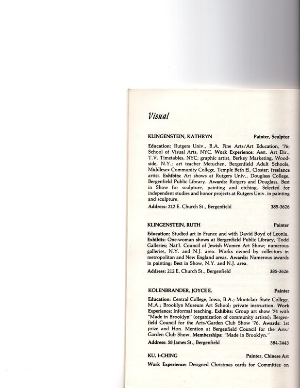 “Artists in Residence” booklet listing of performing, visual, crafts and literary artists in Bergenfield, 1977 P17.jpg