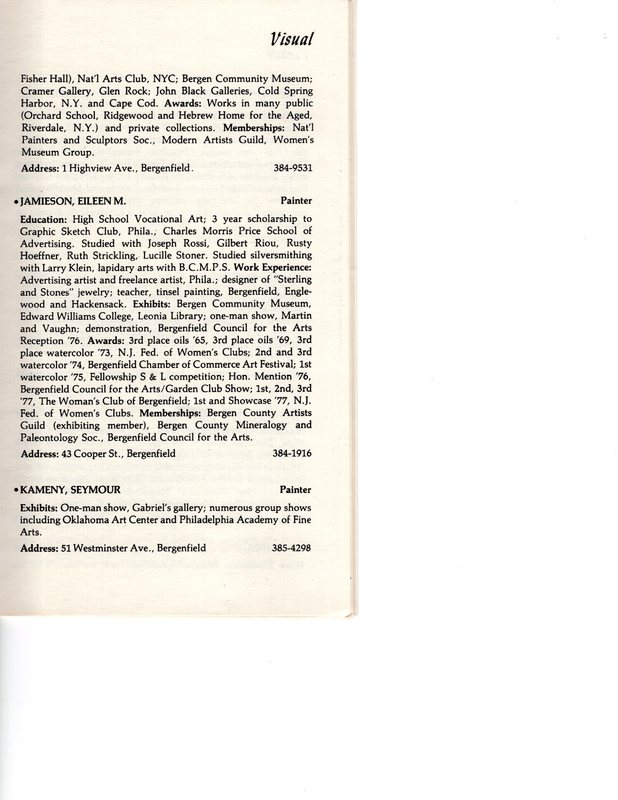 “Artists in Residence” booklet listing of performing, visual, crafts and literary artists in Bergenfield, 1977 P16.jpg