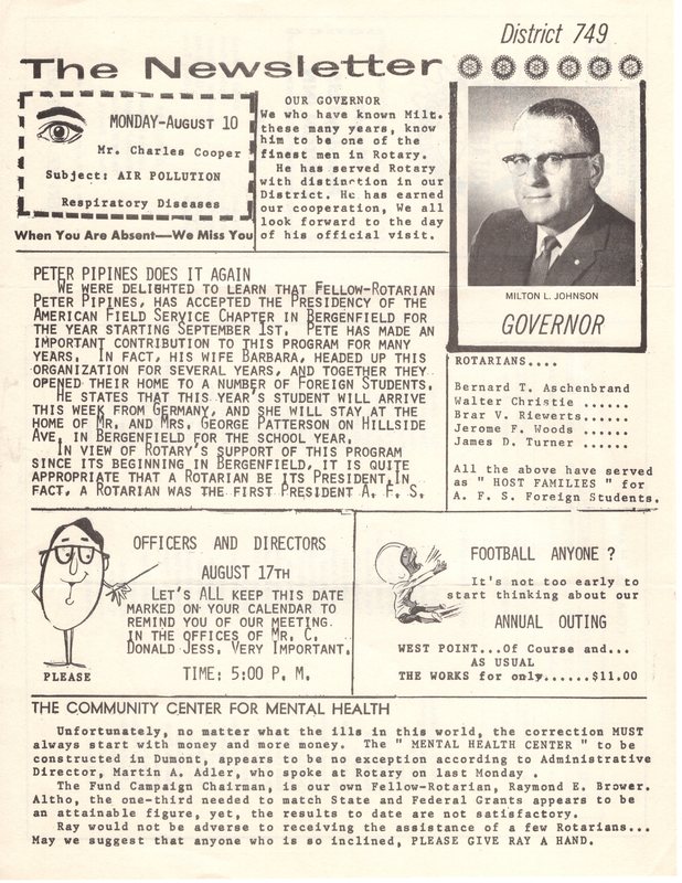 Bergenfield Rotary Club newsletter 1 page Milton J Johnson Governor Undated.jpg