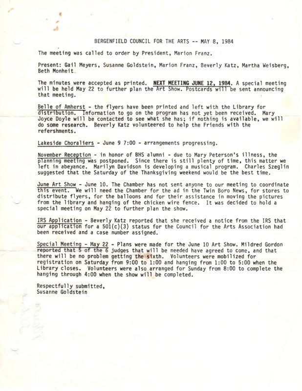 Bergenfield Council for the Arts minutes May 8 1984.jpg