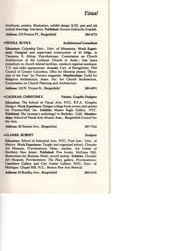 “Artists in Residence” booklet listing of performing, visual, crafts and literary artists in Bergenfield, 1977 P14.jpg