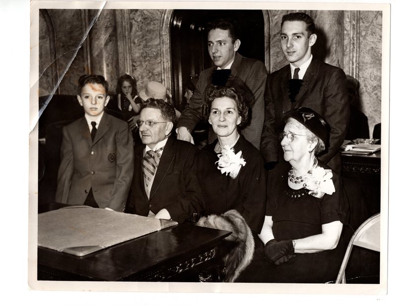 1 black and white photograph (8x10) installation of Senator Pierce H. Deamer, State house, Trenton, NJ pictured Richard Deamer, Sen. Pierce H. Deamer, Agnes Deamer, Mrs. Deamer, Allen Deam.jpg