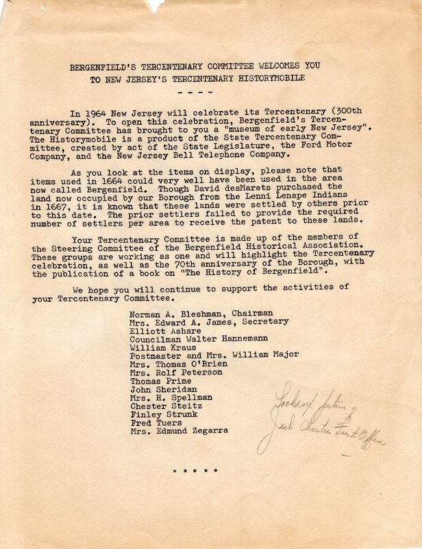 Bergenfield Tercentenary Committee Historymobile Letter.jpg