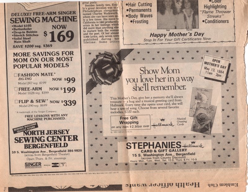 Laurie Cohen Stars in Belle of Amherst on May 20 newspaper clipping Twin Boro News May 9 1984 P1 bottom.jpg