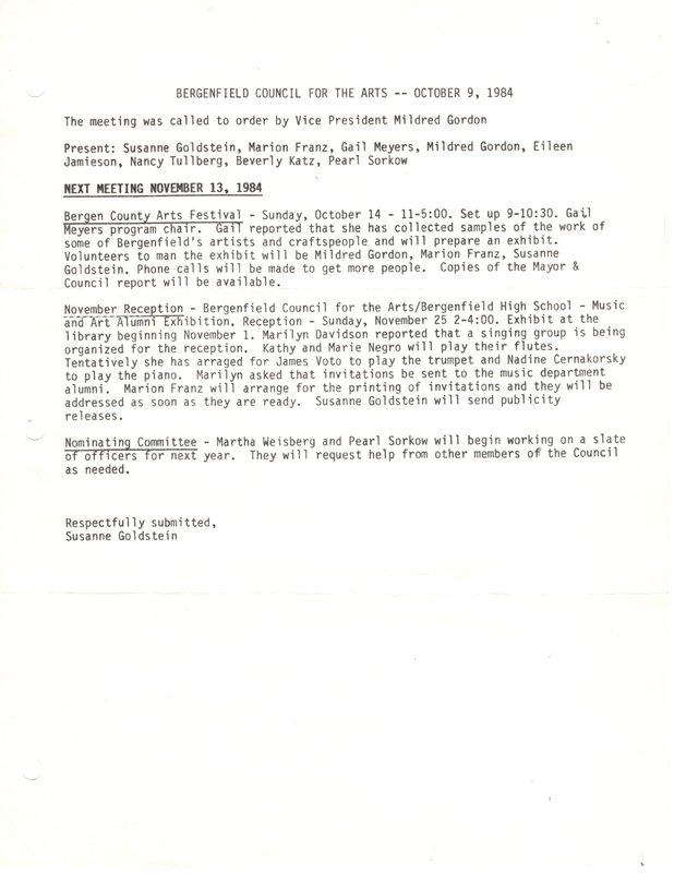 Bergenfield Council for the Arts minutes October 9 1984.jpg