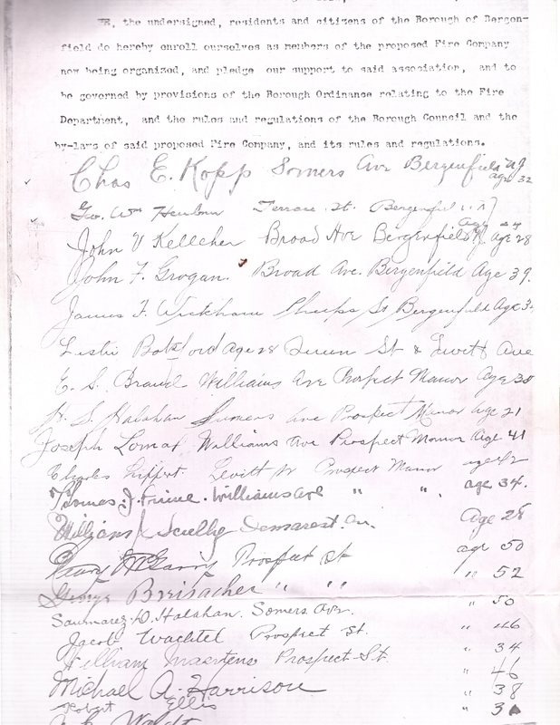 1 copy of document forming Bergenfield Fire Company with signature of company members, June 6, 1917, printed copy of fire company attached.jpg