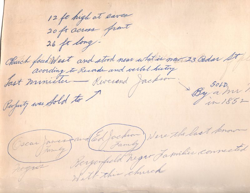 1 schematic 12 x 17 titled Negro Church Cedar St. Bergenfield NJ drawn from memory by Fred Tuers June 9 1969. Handwritten notes and hand drawn map on back 4.jpg