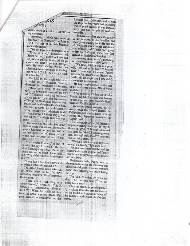 Tobiassen Torre D Day veterans receive long delayed honor Bergenfield man recalls Omaha Beach horror twin boro news Feb 6 2001 2.jpg