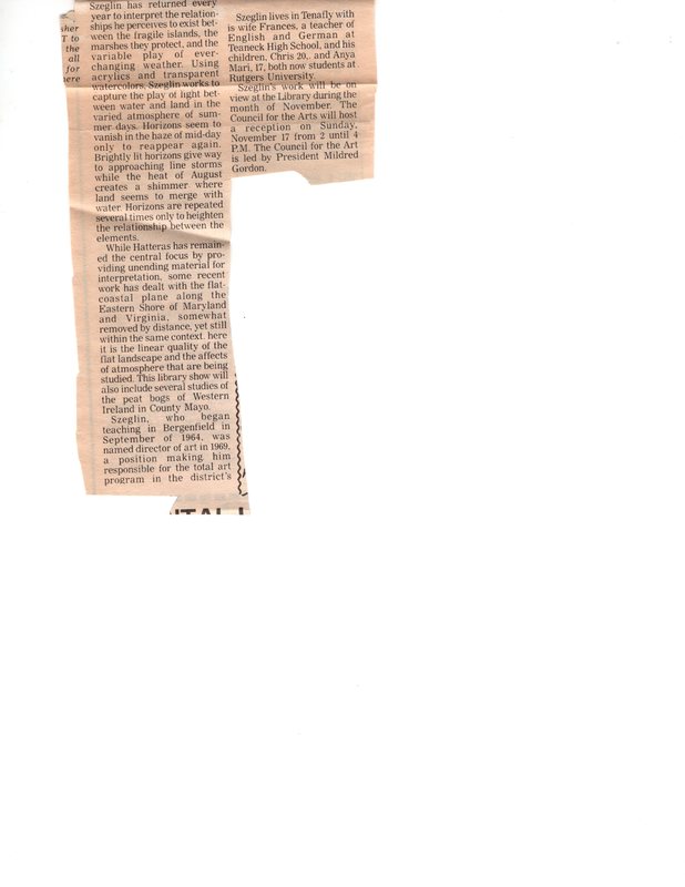 Szeglin Art Exhibit at Bfield Library newspaper clipping 1985 P1 bottom.jpg
