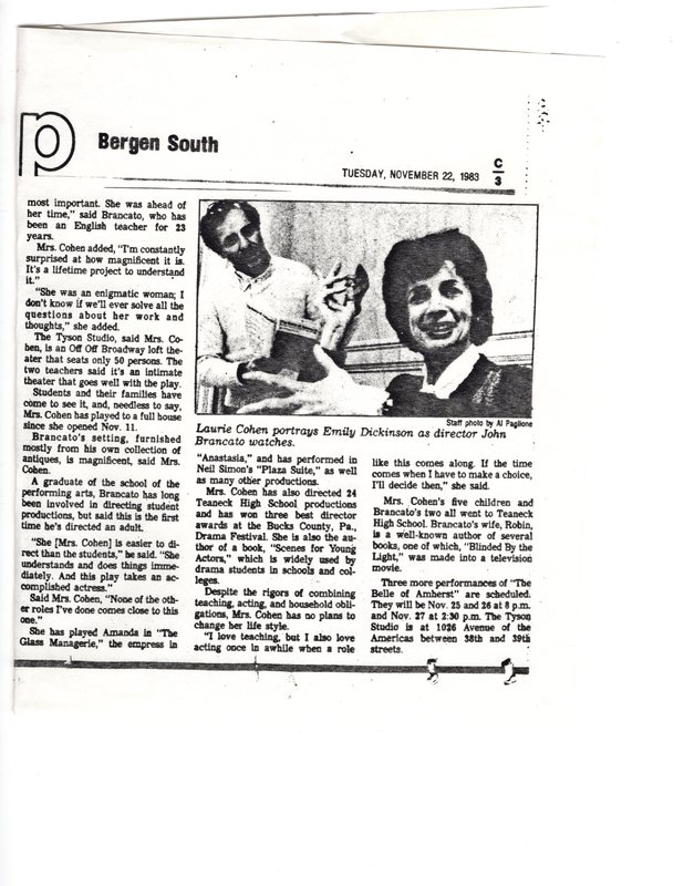 A Role With Rhyme and Reason Teaneck Teacher Plays Dickinson newspaper clipping The Record Nov 22 1983 P1 bottom.jpg