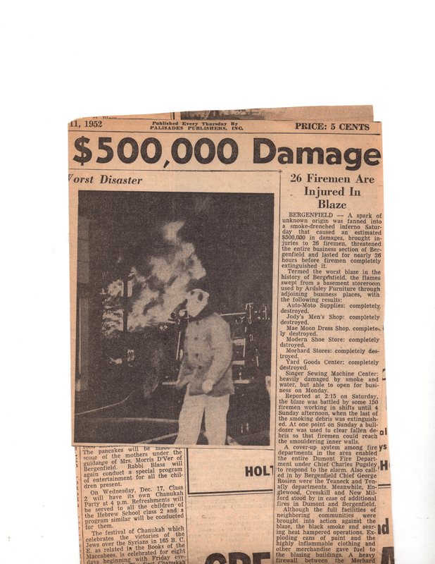 2 of 3 Worst Fire Does $500,000 of Damage-Two Scenes of Bergenfield's Worst Disaster and 26 Firemen are Injured in Blaze (newspaper clipping), Dec. 11, 1952.jpg