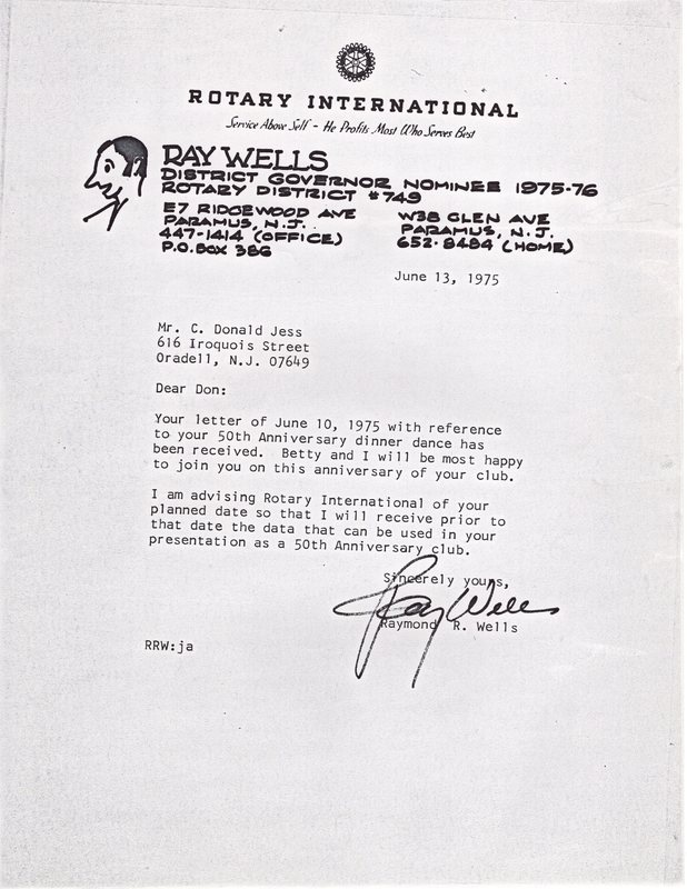 Correspondence between Clyde Christie and Raymond Wells regarding 50th Anniversary of the Bergenfield Rotary Club June 13 1975.jpg